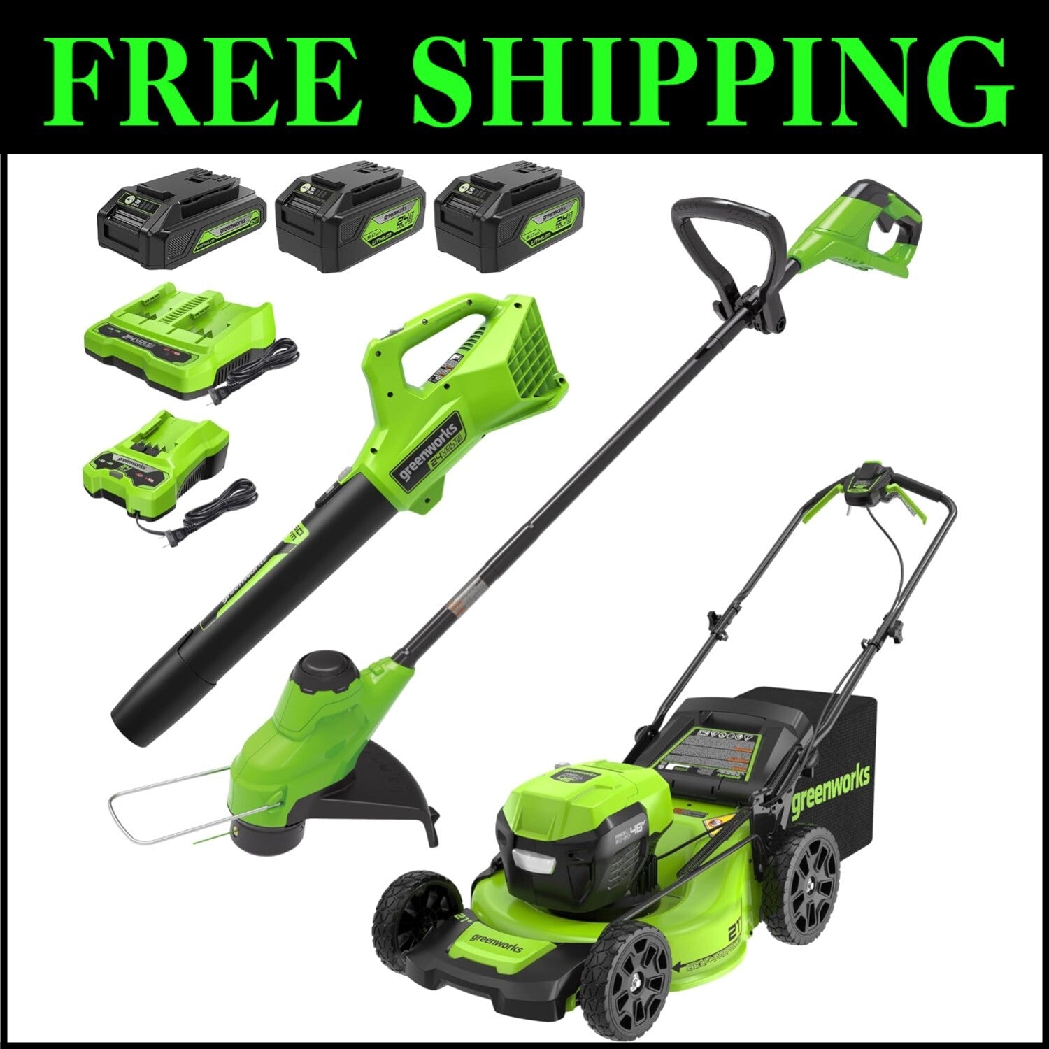 All-In-One Cordless 48V Lawn Tool Set: 21" Mower, Trimmer & Leaf Blower Included