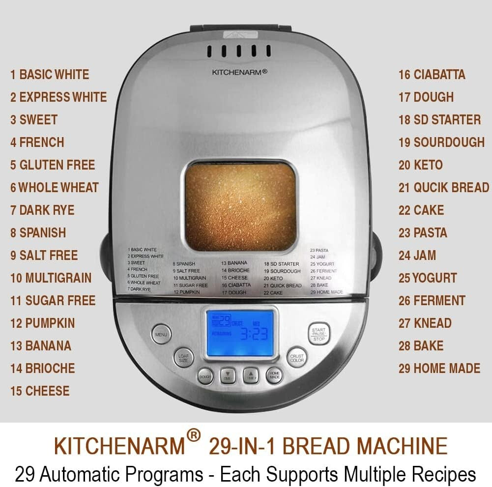 Stainless Steel Bread Maker with 29 Programs & Customizable Cycle for All Levels