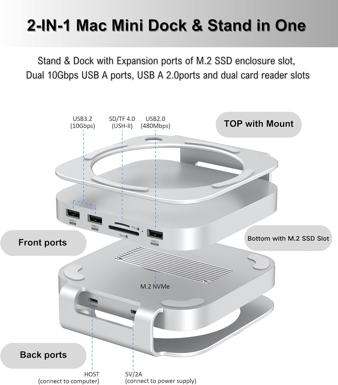 Premium Aluminum Dock for Mac Mini M4 - 8TB SSD Enclosure & USB 3.1 Connectivity