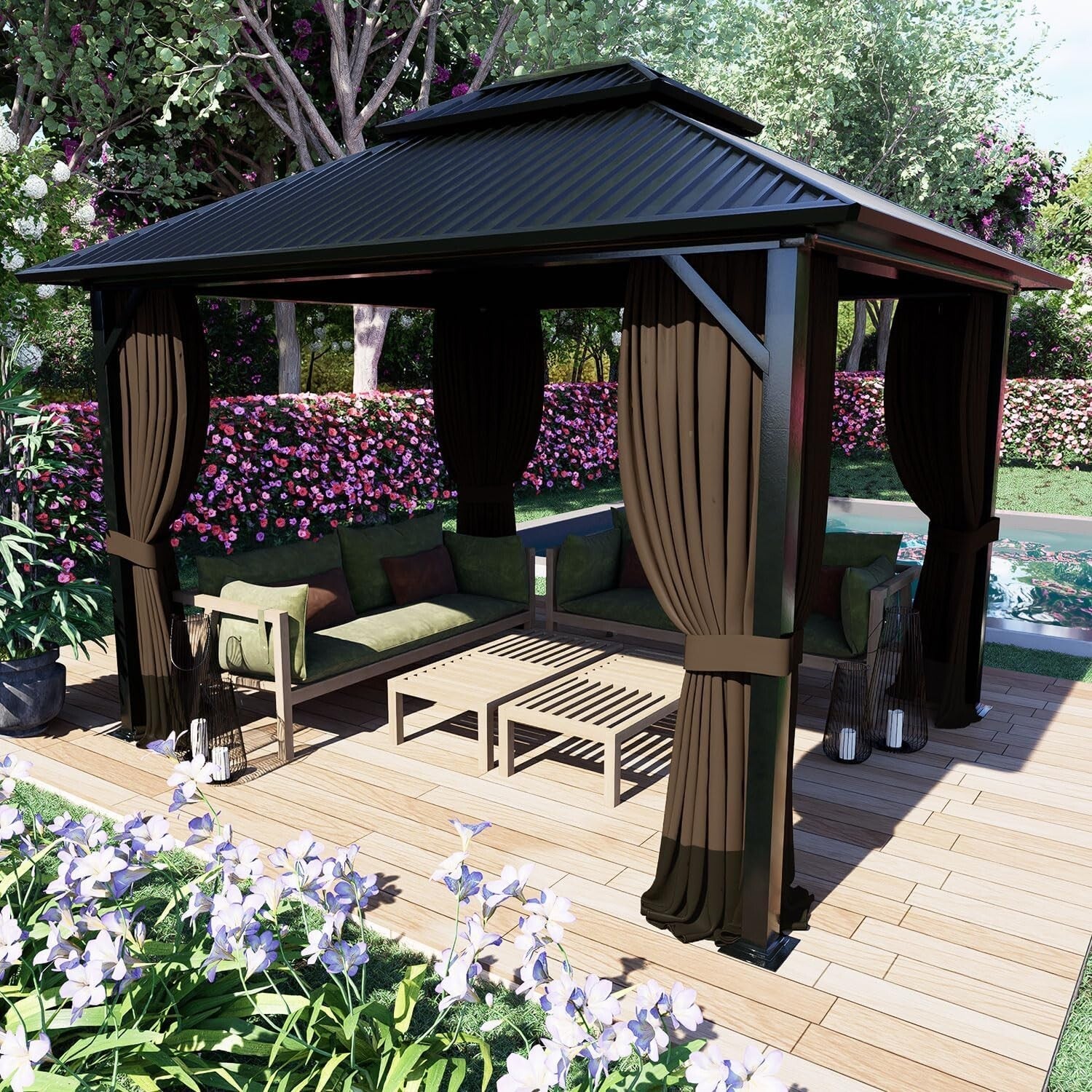 Universal Fit Gazebo Curtains 10' x 12' - Brown & Coffee with Easy Zipper Access