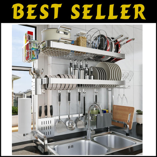3-Tier Adjustable Over Sink Dish Drying Rack - Full Stainless Steel Storage