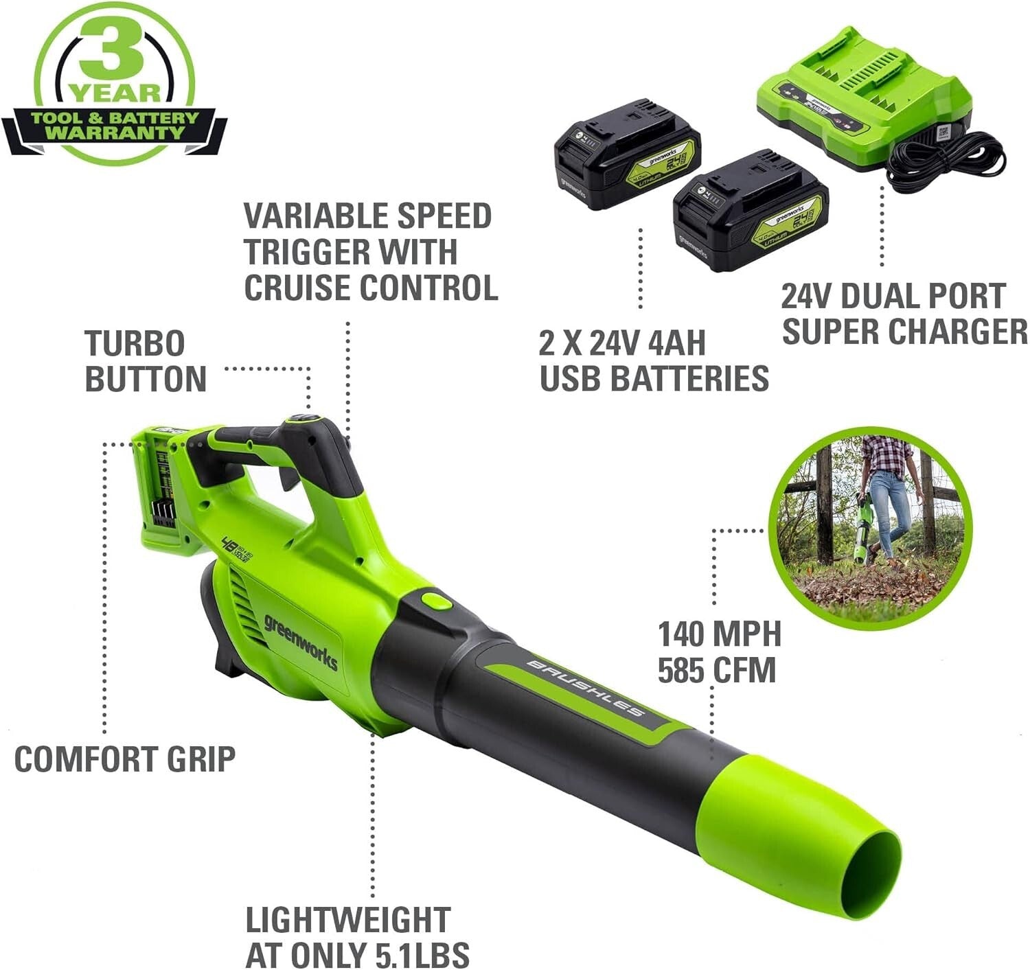 Brushless Leaf Blower with Dual Battery System & Variable Speed Control - Green