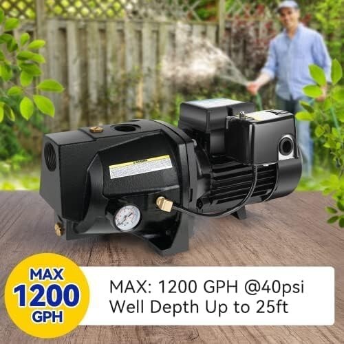 Durable 1HP Cast Iron Shallow Well Pump with 180ft Lift & Auto Pressure Switch