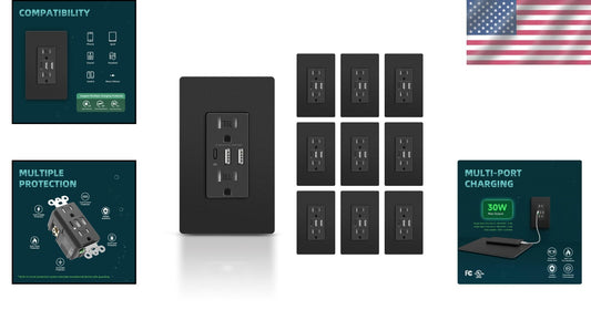 15 Amp USB Wall Outlets - 10 Pack with Screwless Black Wall Plates, UL Certified