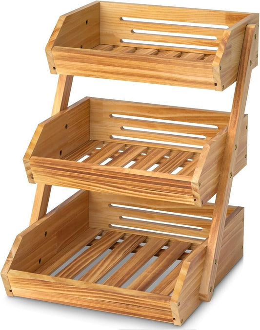 Elegant Wooden 3-Tier Fruit Basket in Pine for Stylish Kitchen Organization