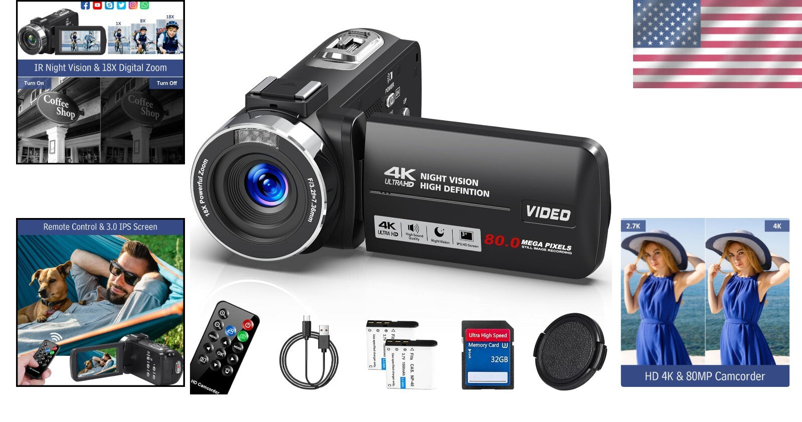 Compact 4K Video Camera with IR Night Vision & 2 Batteries for Content Creation