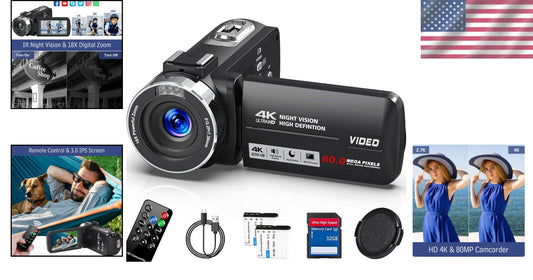 Compact 4K Video Camera with IR Night Vision & 2 Batteries for Content Creation