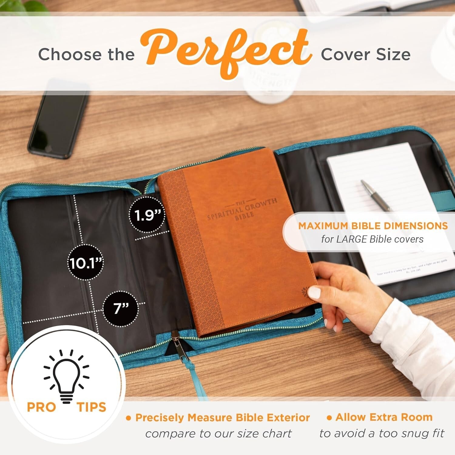 Protective Teal Floral Bible Cover with Zipper and Notepad for Organized Faith