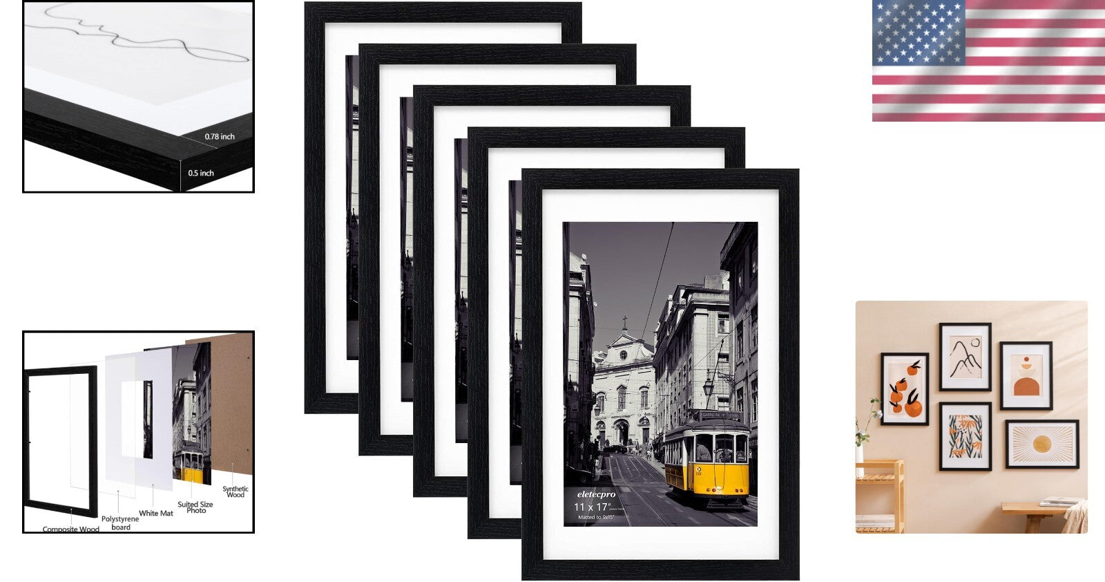 Set of 5 Black 11x17 Picture Frames for Gallery Wall Decor - Versatile Display