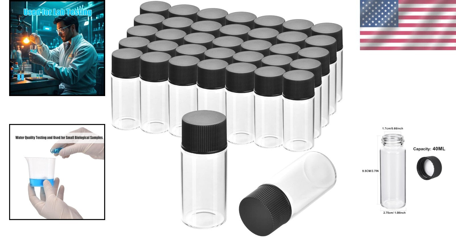 Durable 40ML Glass Vials with Screw Caps - Leakproof & Lightweight - 100 Pack