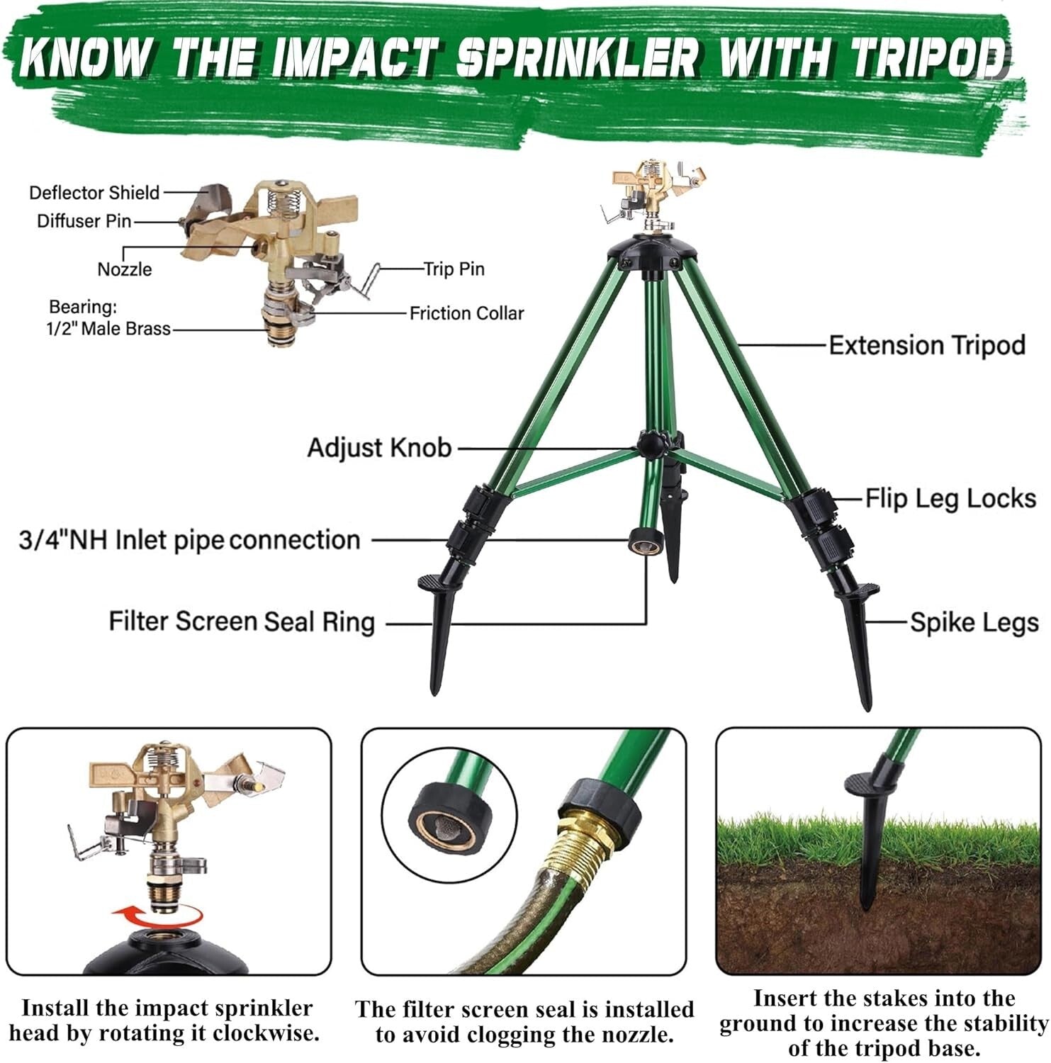 360° Adjustable Impact Sprinkler Set on Tripod Base for Effective Watering