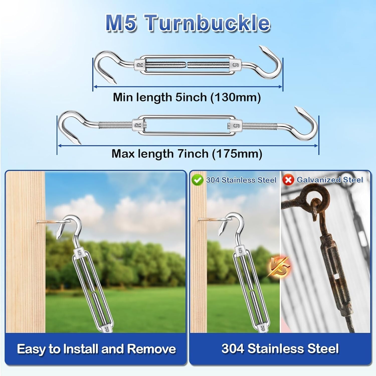 All-in-One Rectangle and Triangle Sun Shade Installation Kit with 5" Turnbuckles