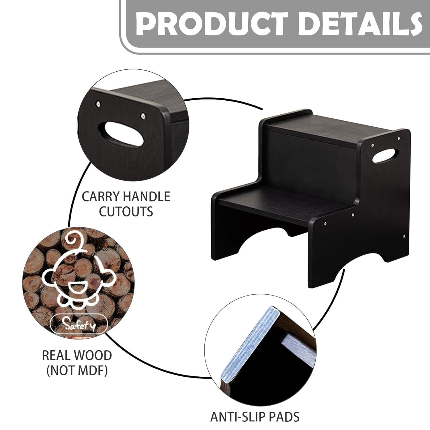 Natural Finish 2-Step Wooden Stool for Kids - Ideal for Bathrooms & Kitchens