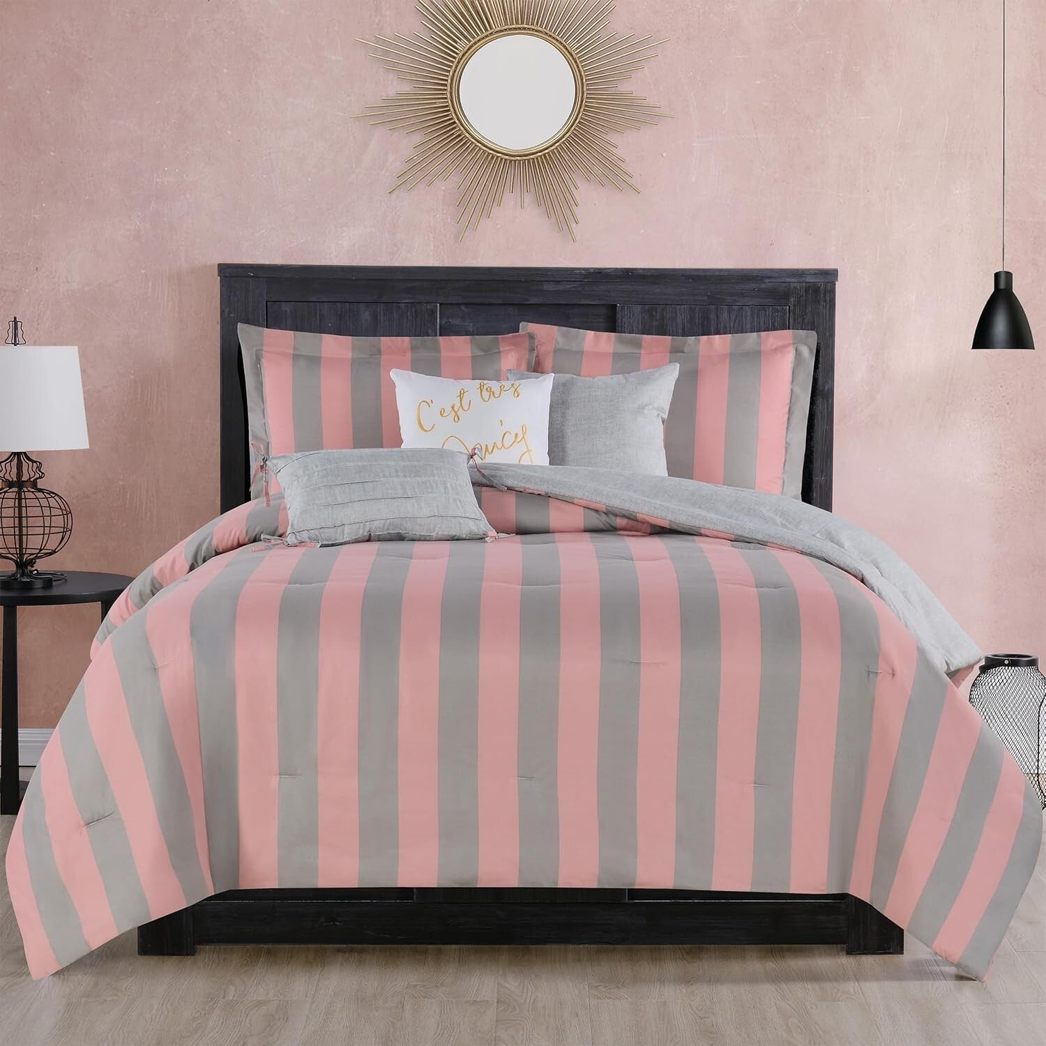 Chic Pink and Grey Strip Comforter Set - Includes 3 Pillows - 6 Piece Queen/Full