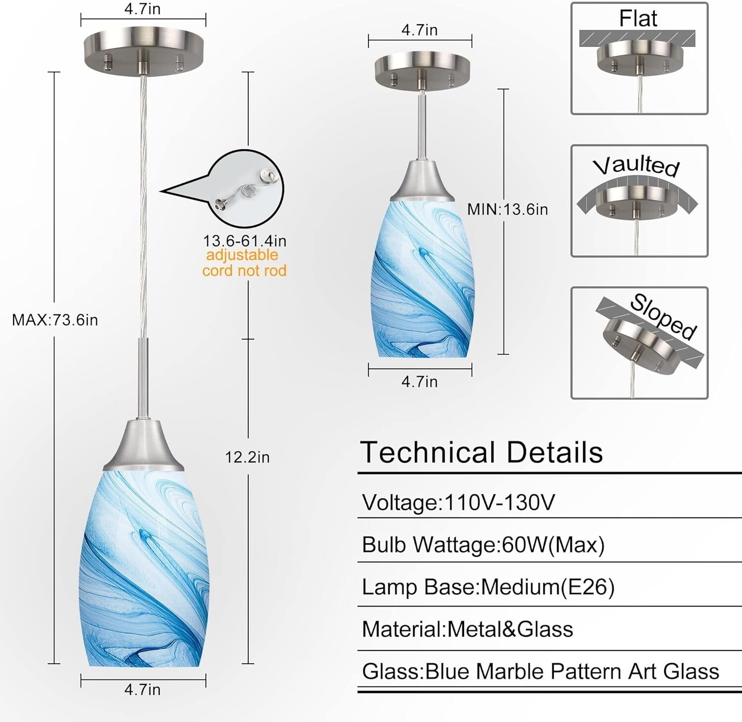 Elegant Handcrafted Blue Glass Hanging Light - 60W Adjustable Ceiling Fixture