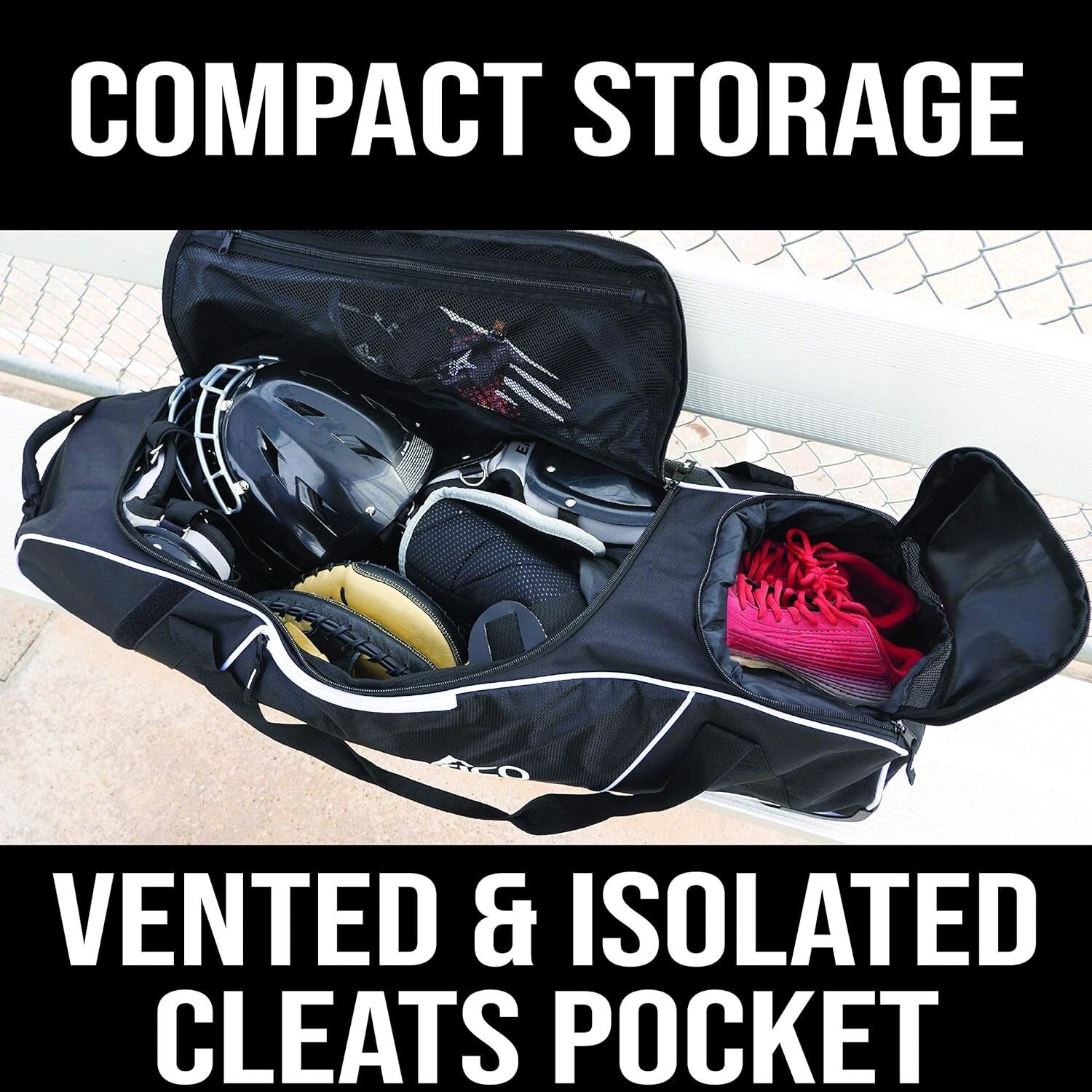 Sporty Wheeled Baseball Equipment Bag with Shoe Compartment and 2 Pockets