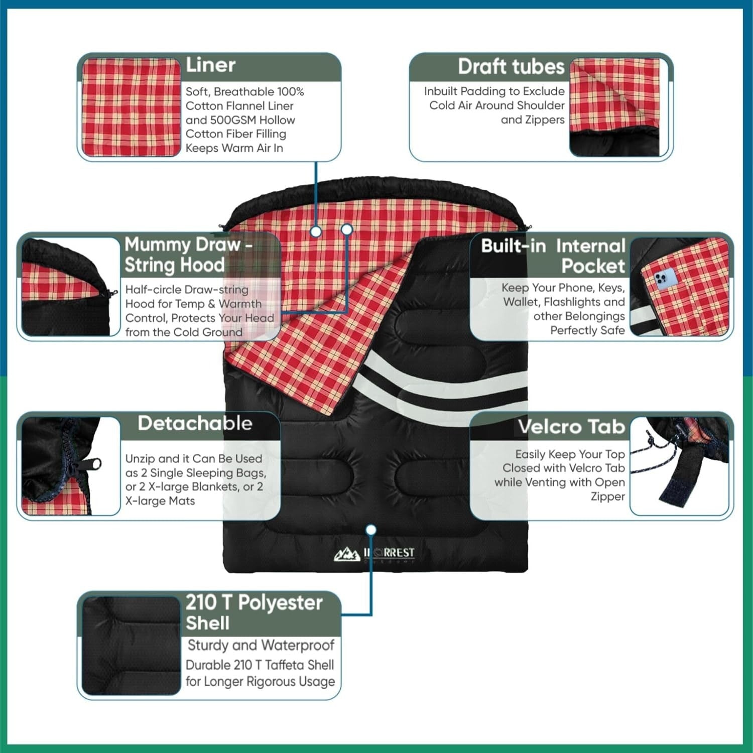 10°F Cotton Flannel Double Sleeping Bag - Waterproof, 2-Person Travel Essential