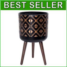 Load image into Gallery viewer, Stylish 12-Inch Fiberclay Planter Pot with Wooden Legs - Bronze/Black Finish