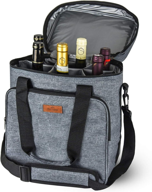 Durable Grey Wine Bag for 6 Bottles with Thermal Protection & Organizer