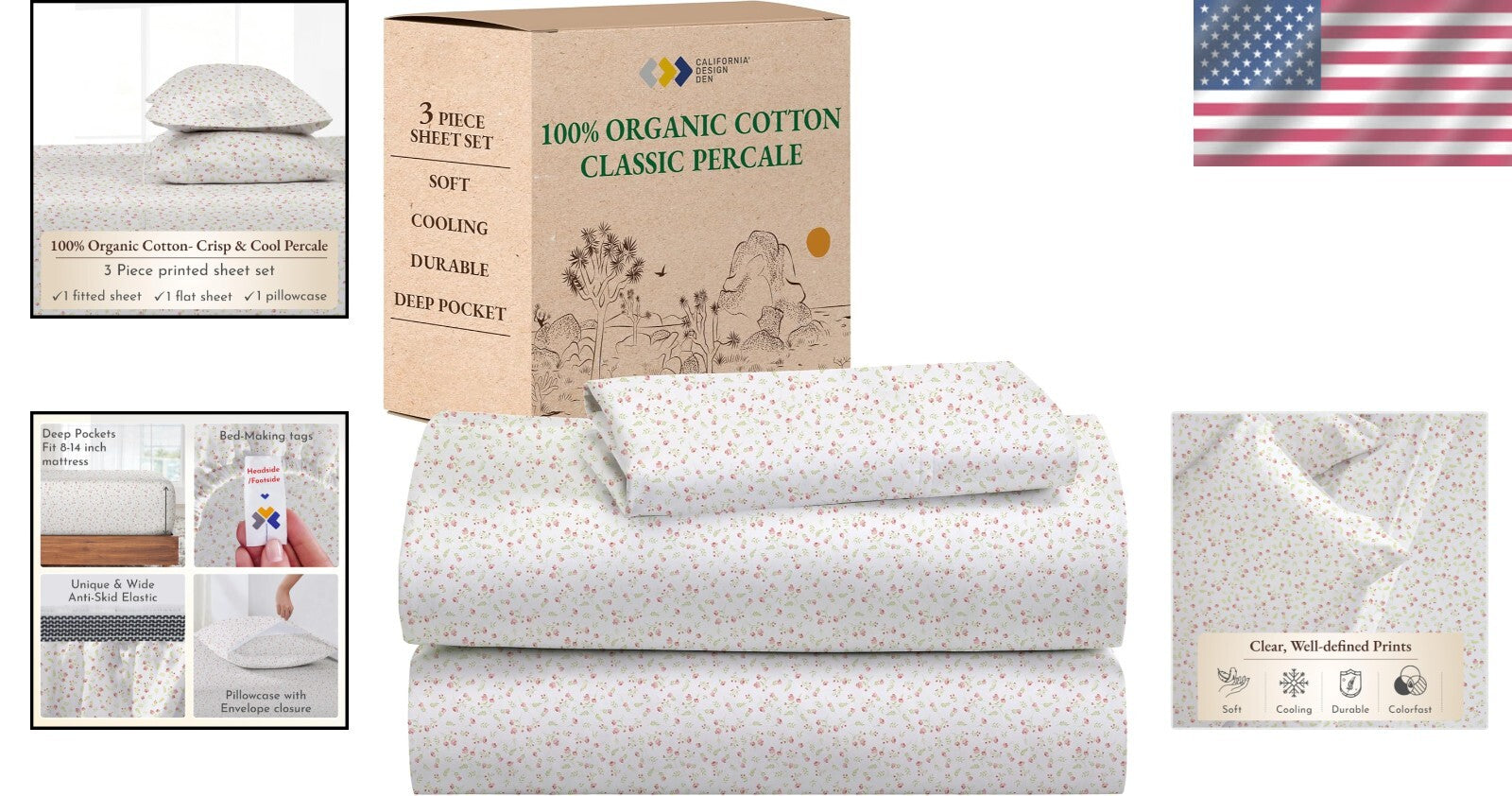 100% Organic Cotton Percale Twin Sheet Set - Floral Print, Deep Pocket Design