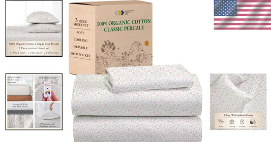 100% Organic Cotton Percale Twin Sheet Set - Floral Print, Deep Pocket Design