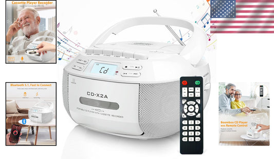 Bluetooth CD Player Boombox with AM/FM Radio, Tape Recording & Remote Control