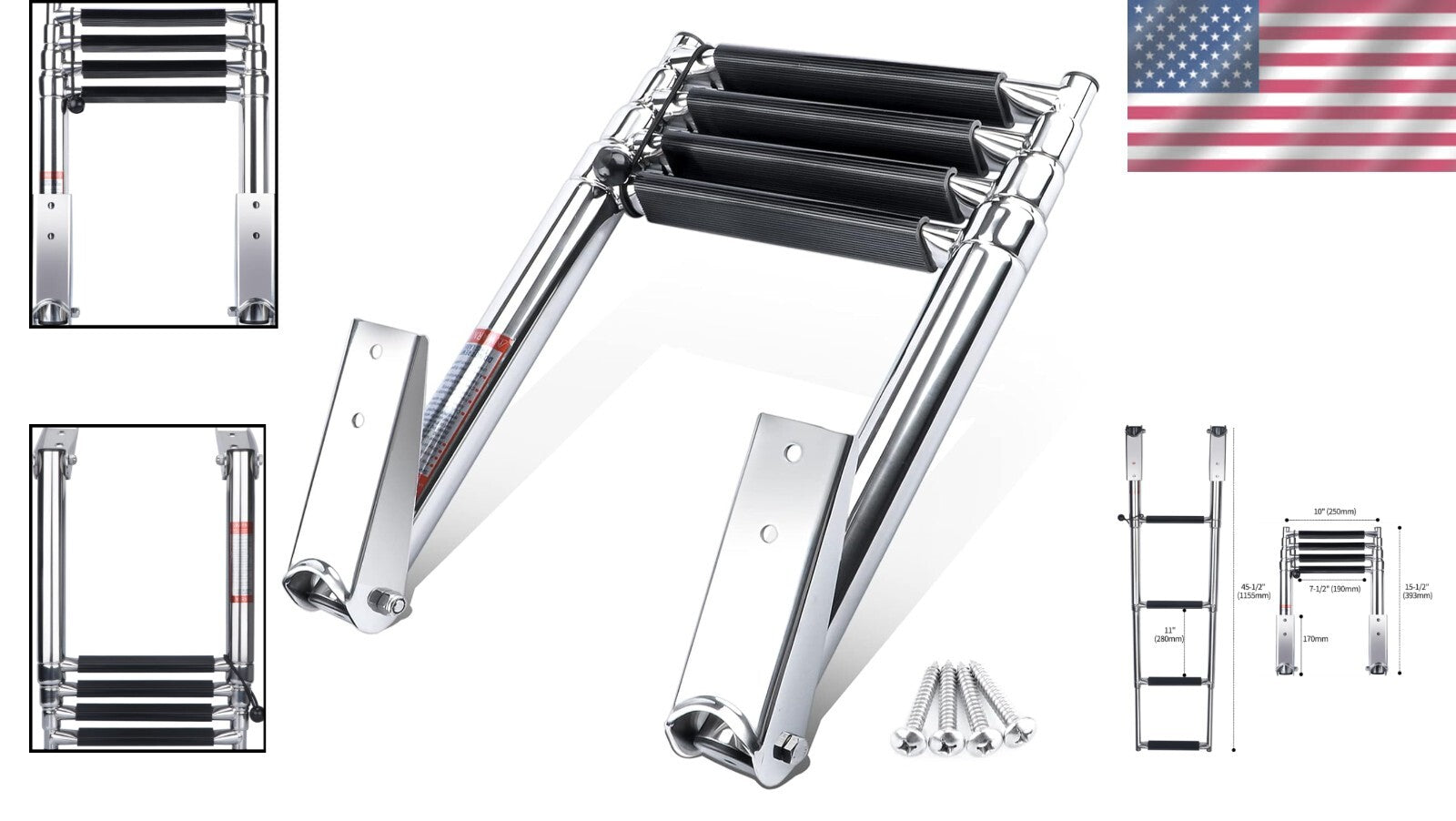 Marine Grade 4-Step Telescopic Boat Ladder with Handrails & Non-Slip Treads