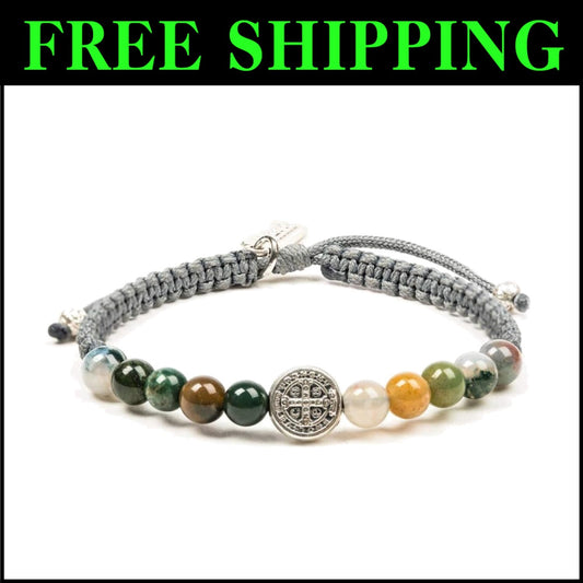 Handcrafted Benedictine Protection Bracelet – Mixed Agate and Silver Cross Medal