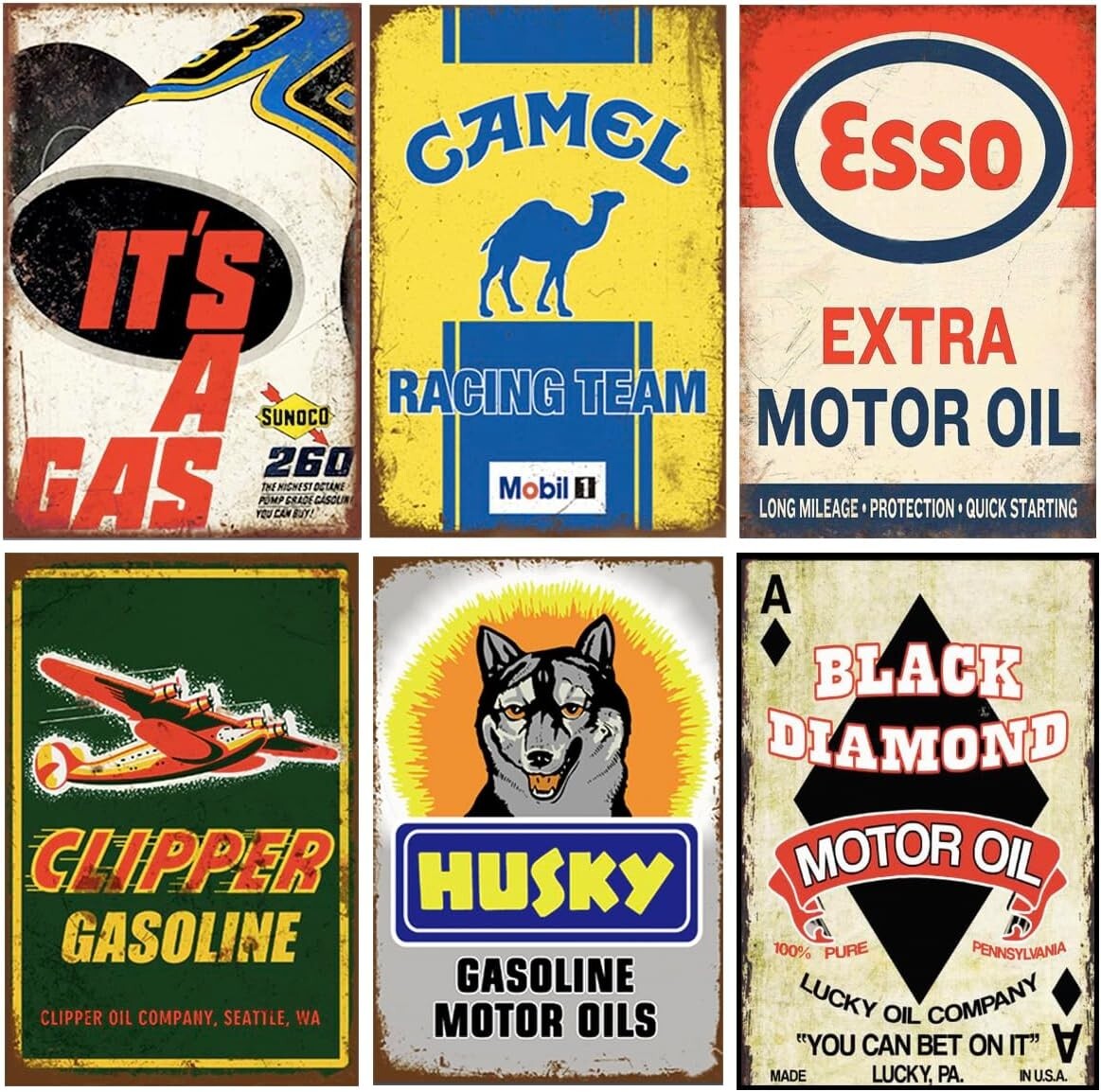 Durable Vintage Gas & Oil Metal Signs - 24-Piece Wall Art Collection, 8x12 in.