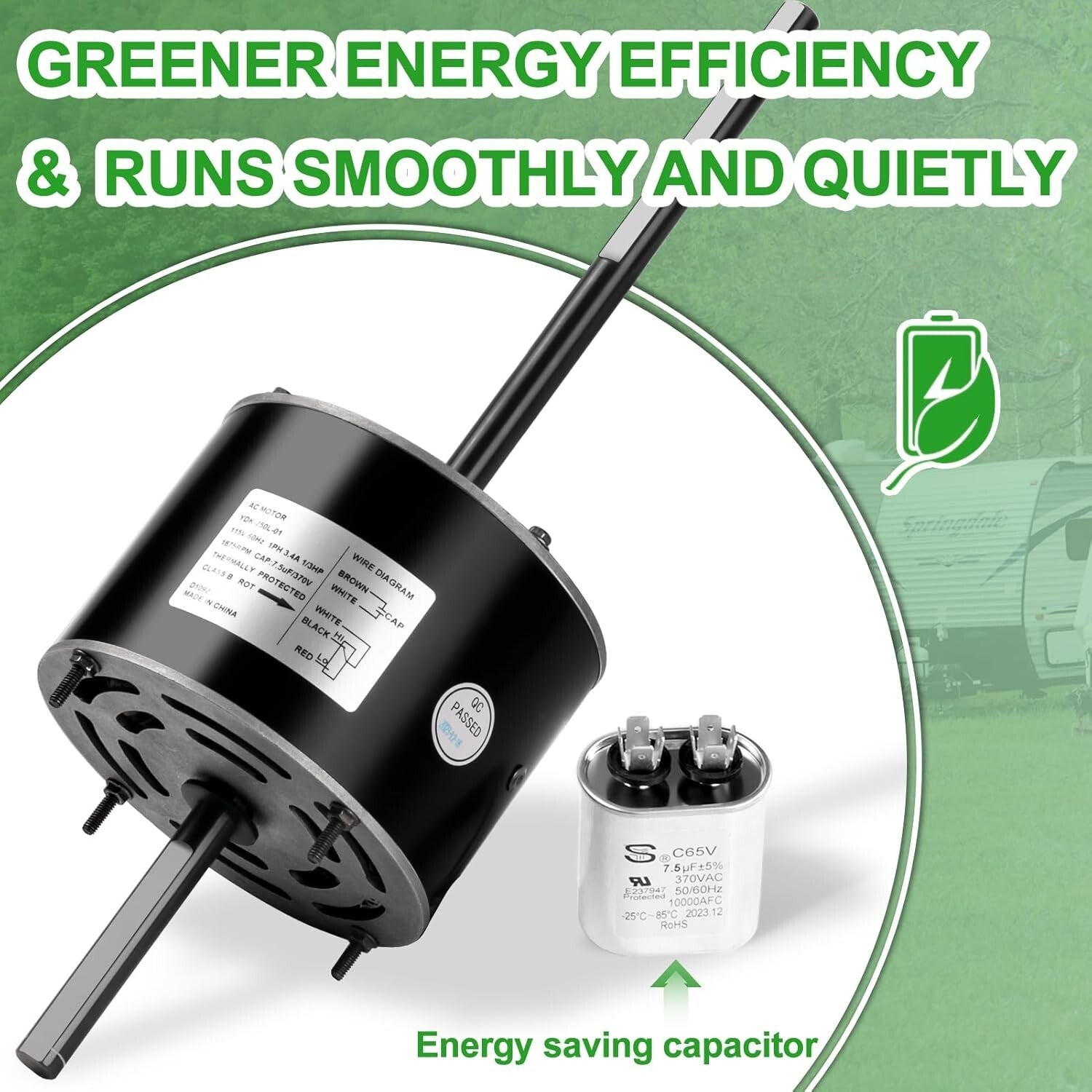 RV Air Conditioner Motor with Capacitor - Direct Replacement for Coleman Mach