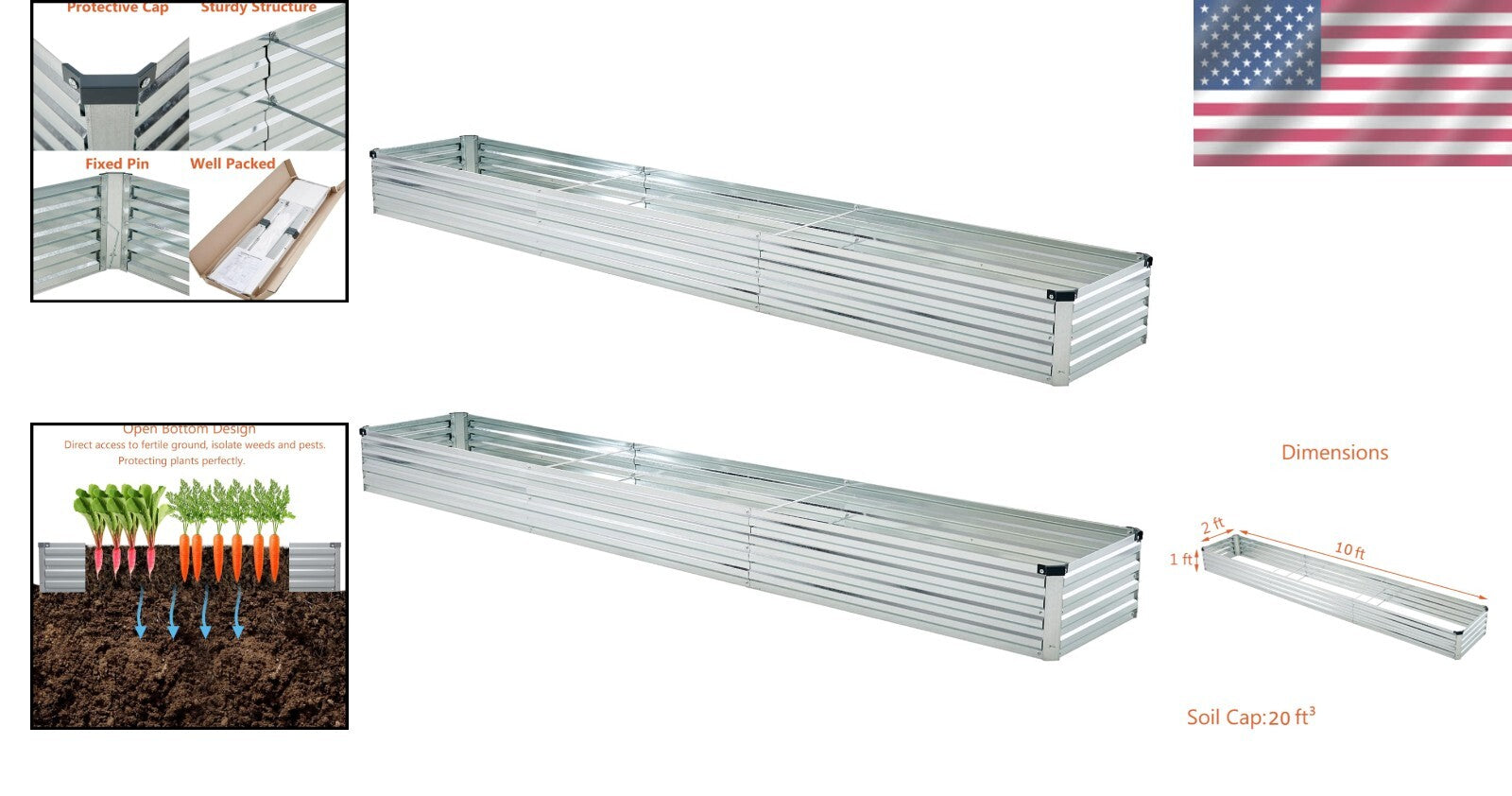 Stylish 10x2x1ft Galvanized Patio Planter - Ideal for Vegetables and Succulents