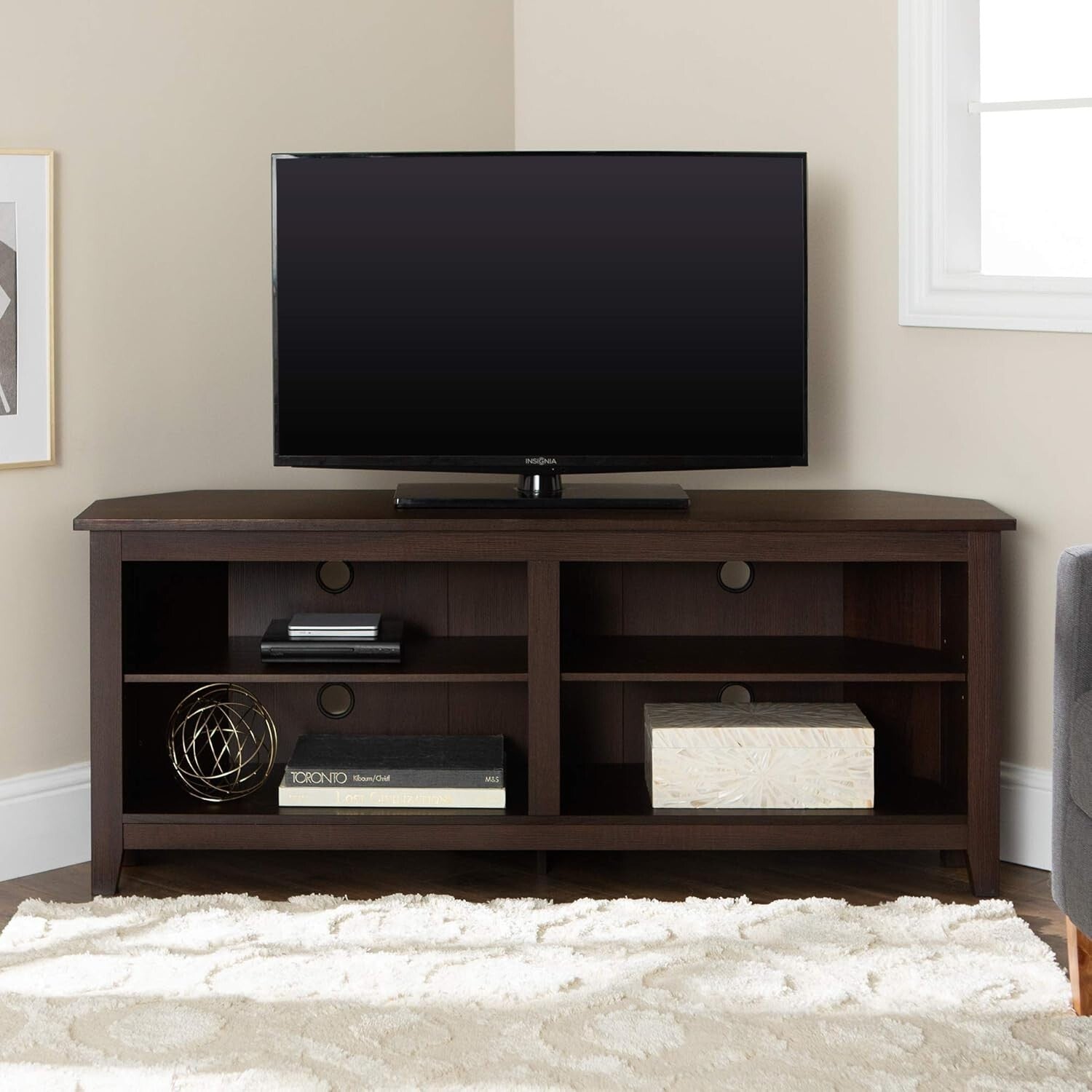 Durable Espresso 2-Shelf Corner TV Console for Stylish Living Rooms, 58 Inch