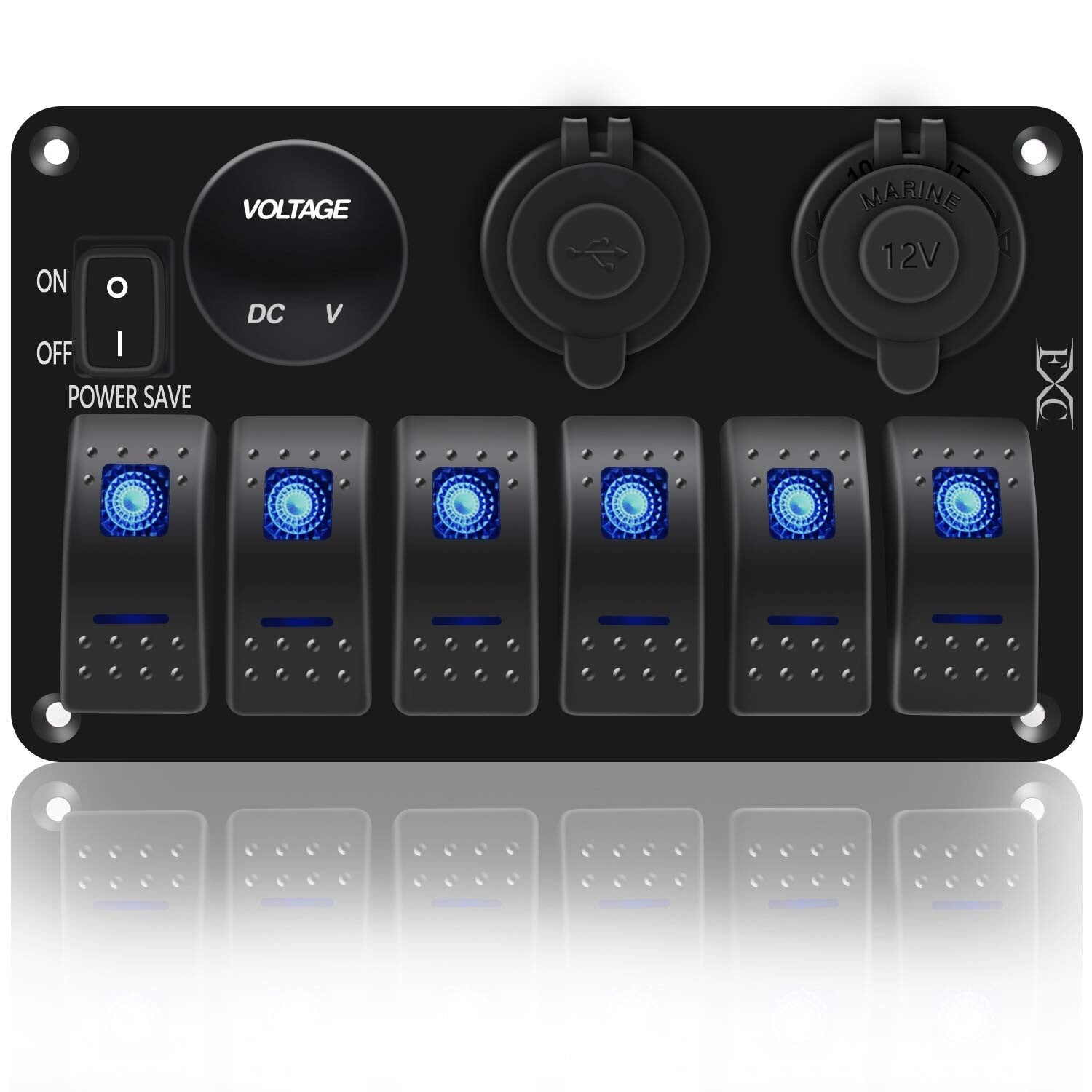 Versatile Marine Rocker Switch Panel - 6 Gang with USB, Voltmeter & Power Saving