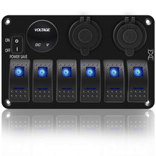 Load image into Gallery viewer, Versatile Marine Rocker Switch Panel - 6 Gang with USB, Voltmeter &amp; Power Saving