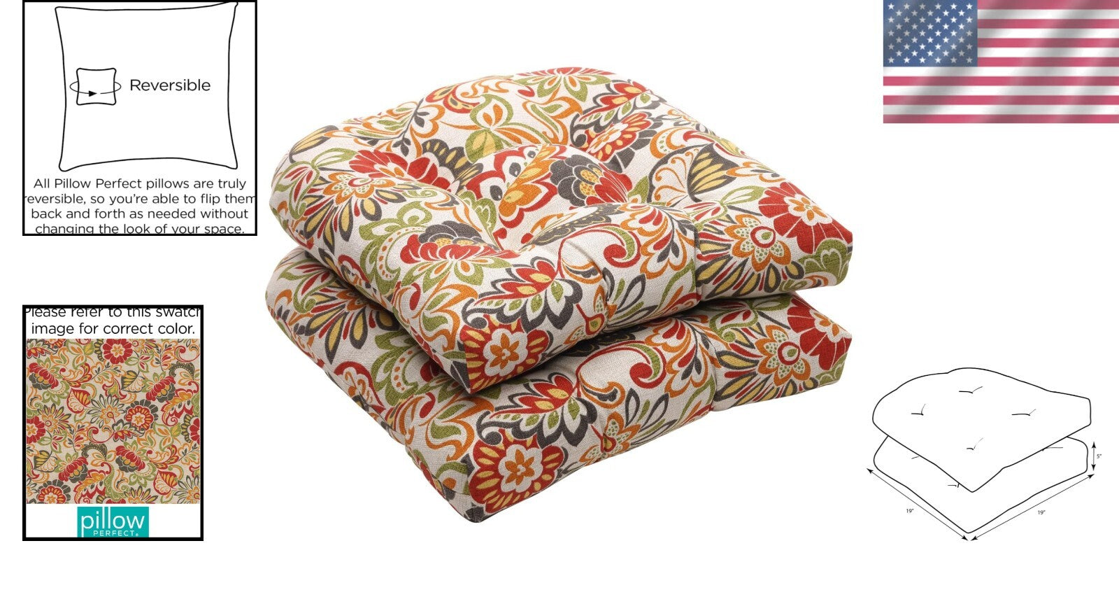 Bright Floral Tufted Seat Cushions, 19"x19", Weather & Fade Resistant - Set of 2