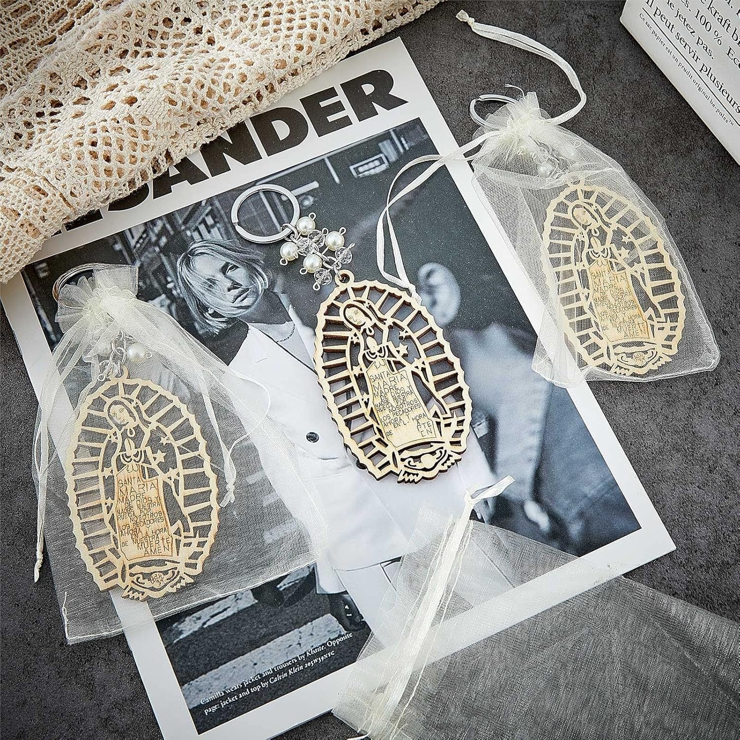 Set of 50 Our Lady of Guadalupe Wood Keychains in Organza Bags for Baptism
