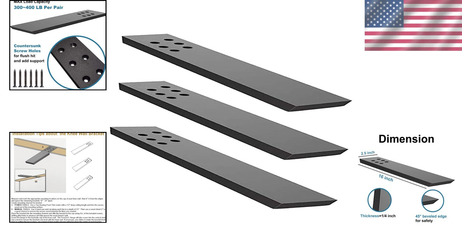 Concealed Heavy Duty Iron Countertop Support Brackets - 3 Pack for Safety