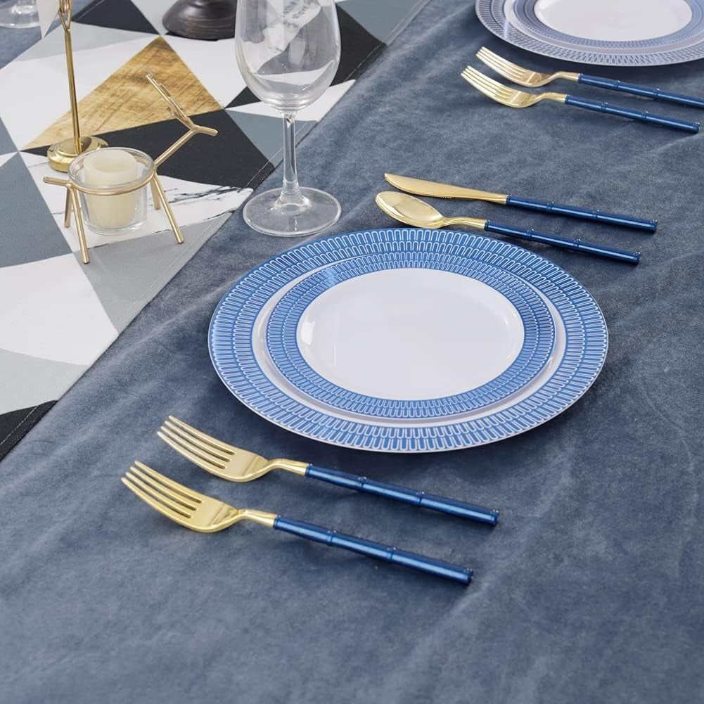 Disposable Gold Plastic Cutlery with Blue Glitter Bamboo Handles - 180 Pieces
