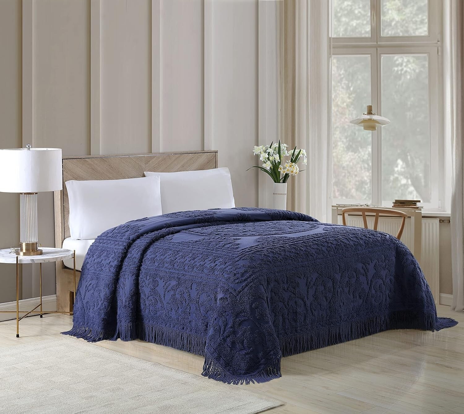 Luxurious Queen Chenille Bedspread in Navy with Elegant Medallion Design
