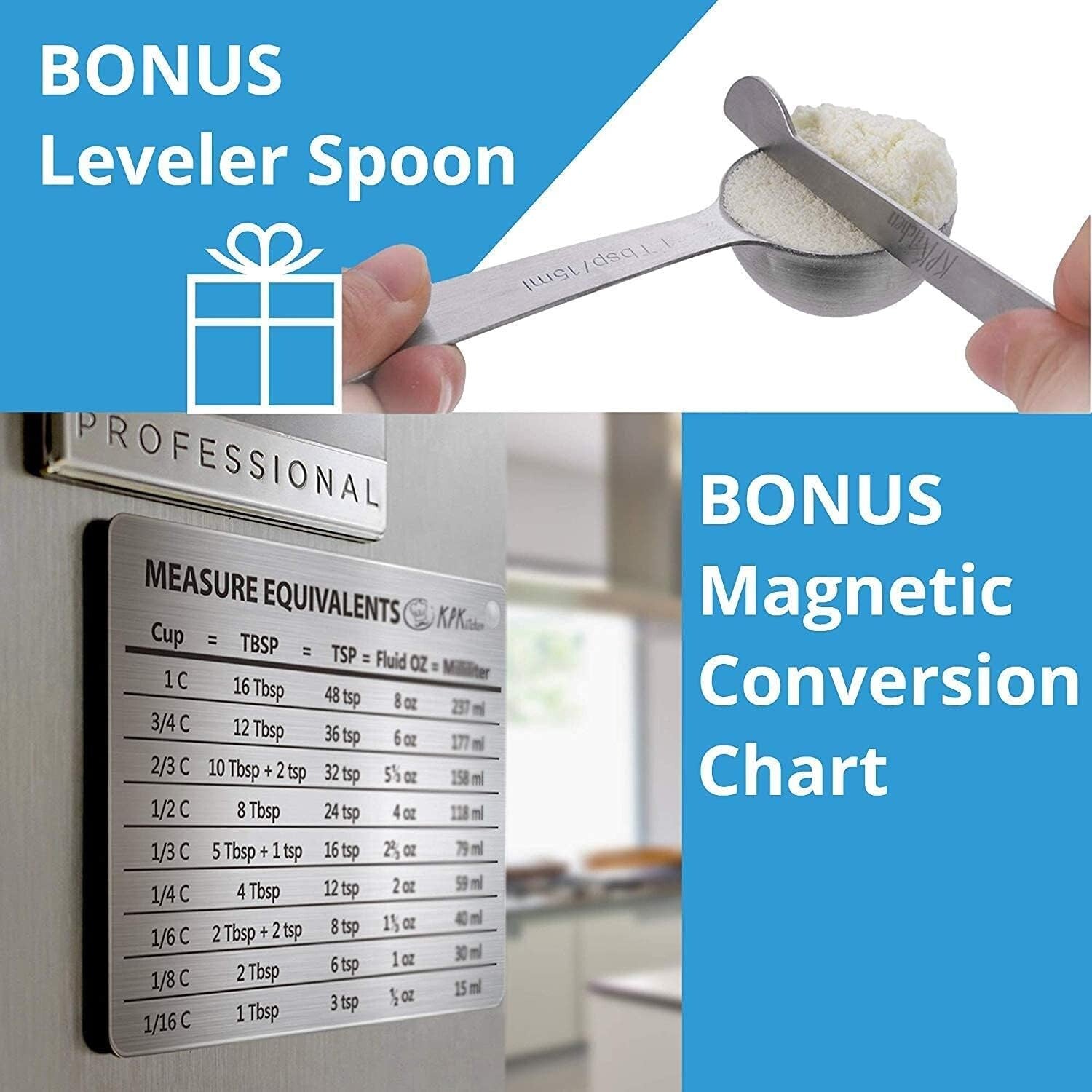 Complete Set of 16 Stainless Steel Measuring Cups & Spoons with Conversion Chart