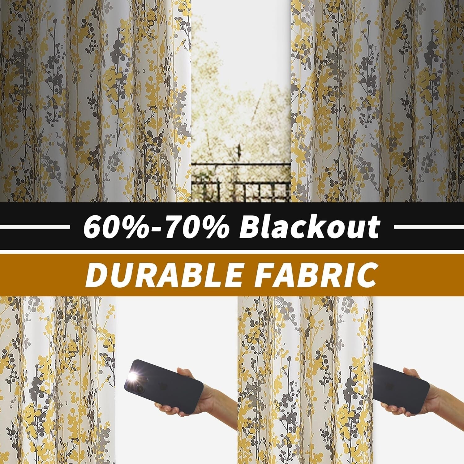 Elegant Abstract Floral Yellow Curtains - 84” Room Darkening Drapes (2 Panels)