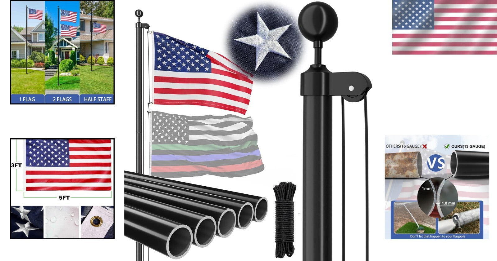 Rust-Resistant 25 FT Flag Pole with 41 FT Rope & Accessories for Proud Display