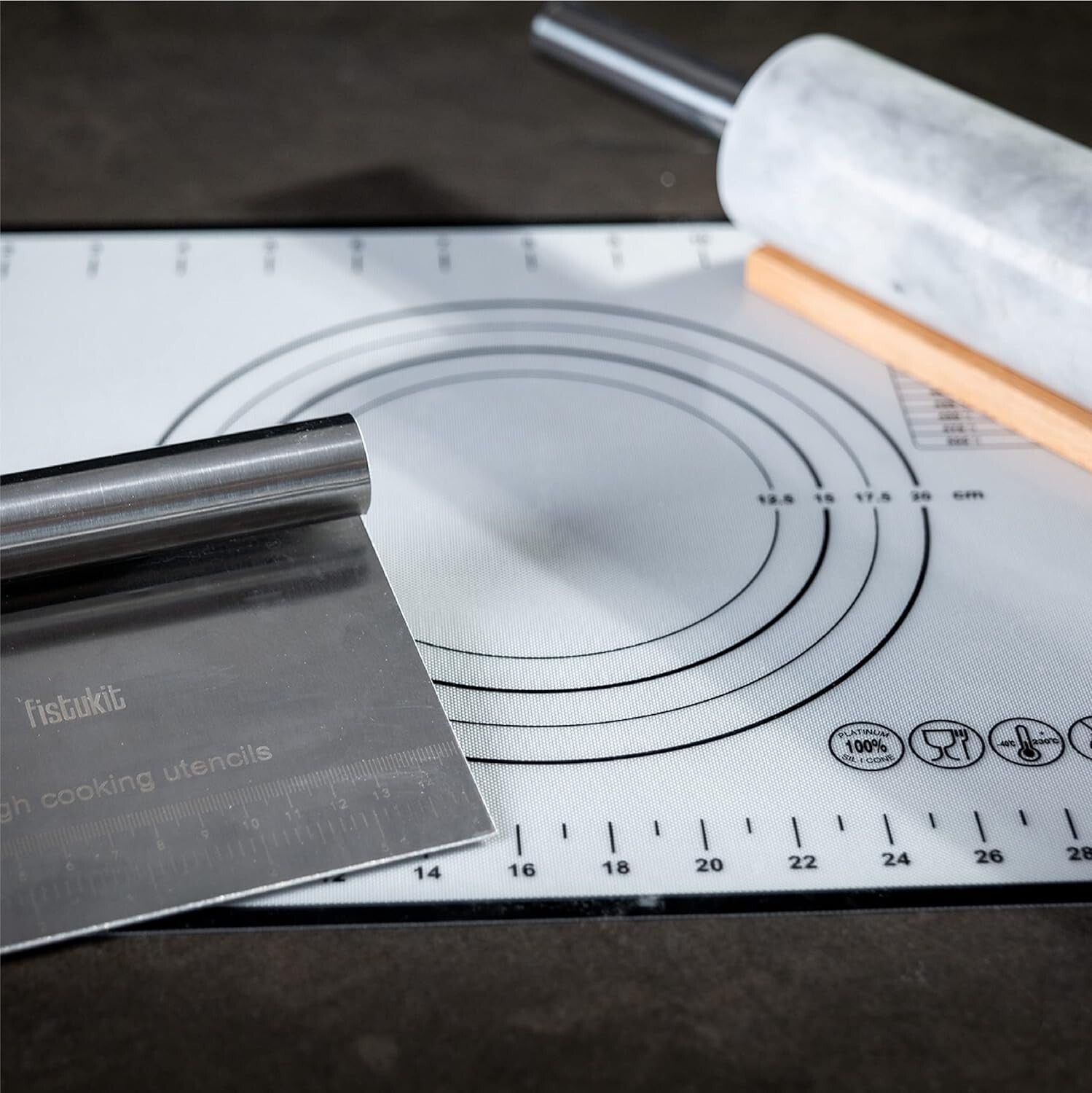 White Marble Rolling Pin Set with Stainless Steel Handles & Baking Accessories