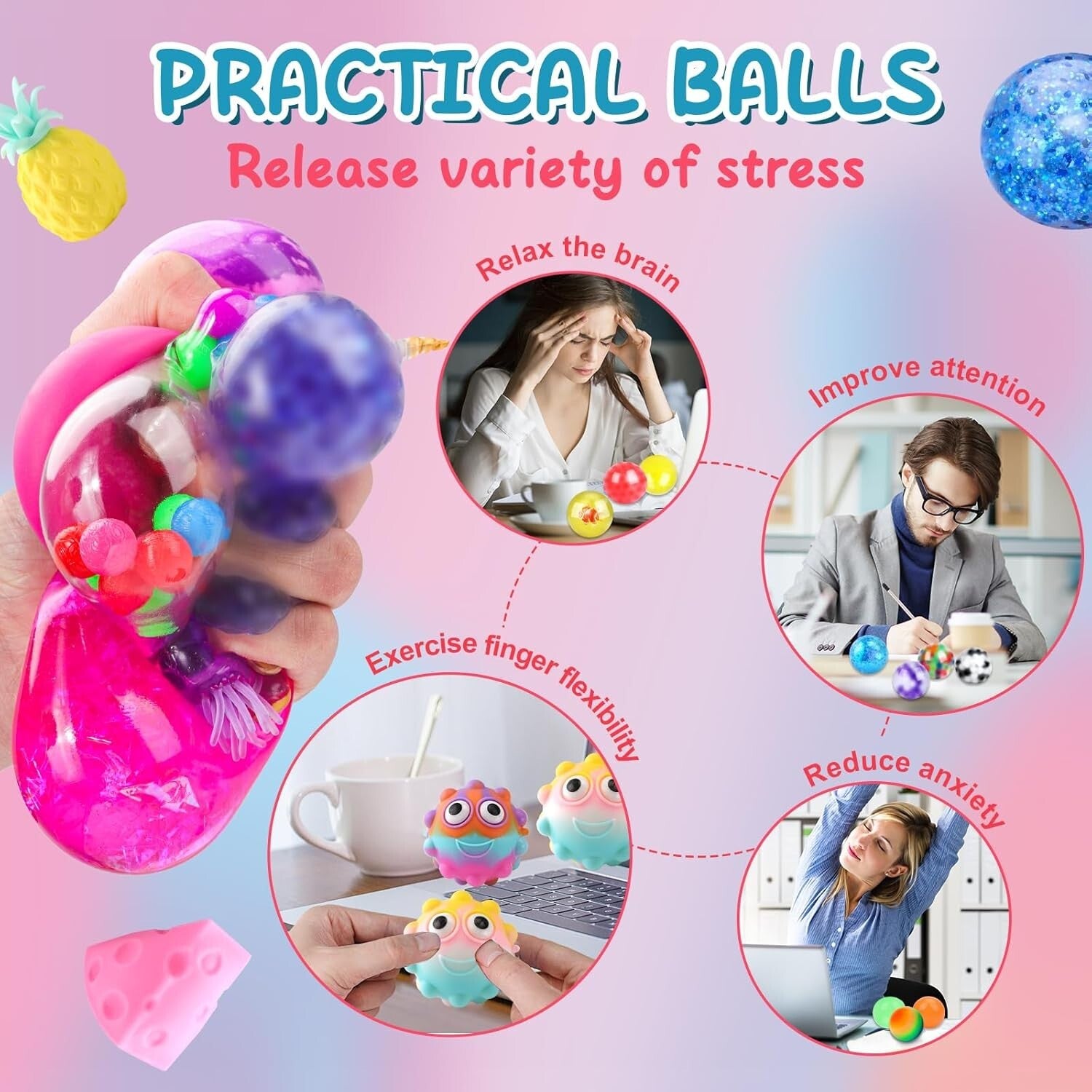 Squishy Stress Relief Balls Set - 54 Unique Squeeze Toys for Anxiety & Fidgeting