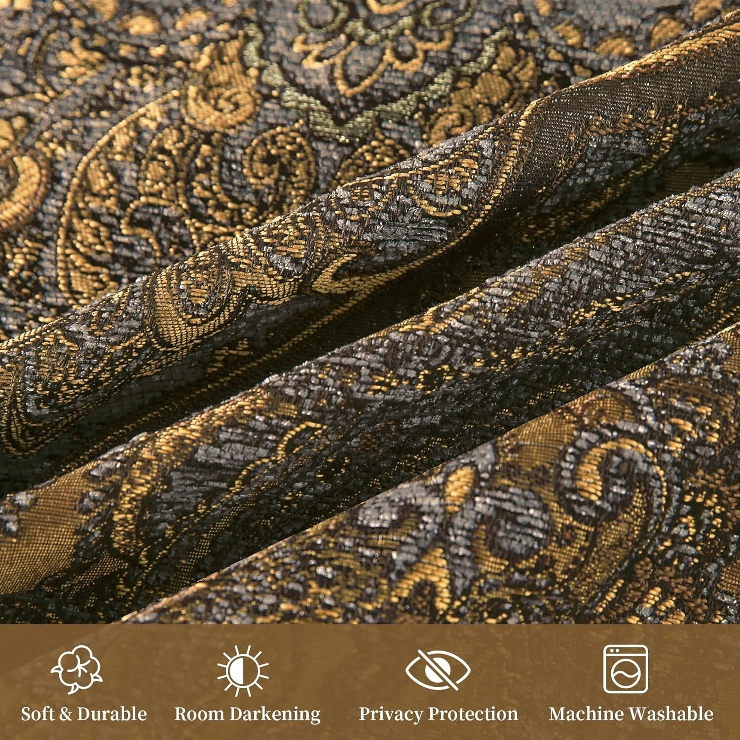 Darkening Jacquard Damask Curtain Panels - Luxury Bronze Gold Curtains Set of 2