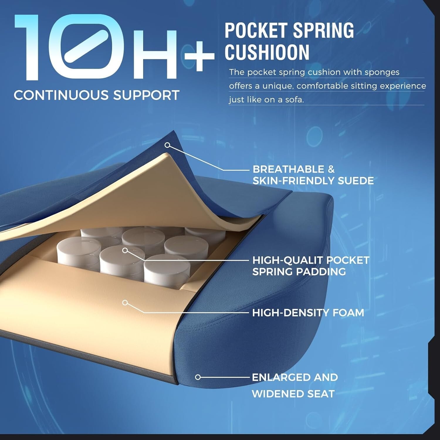 Luxurious Blue Gaming Chair for Adults - Supports 350LBS with Lumbar Support