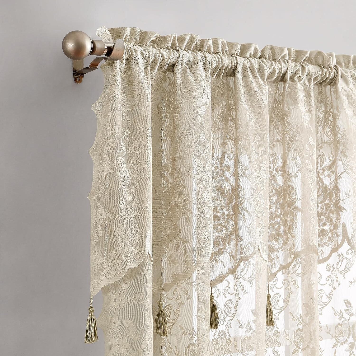 Elegant Pair of 2 Sheer Lace Curtain Panels with Valance & Tassels - 54x96 Linen