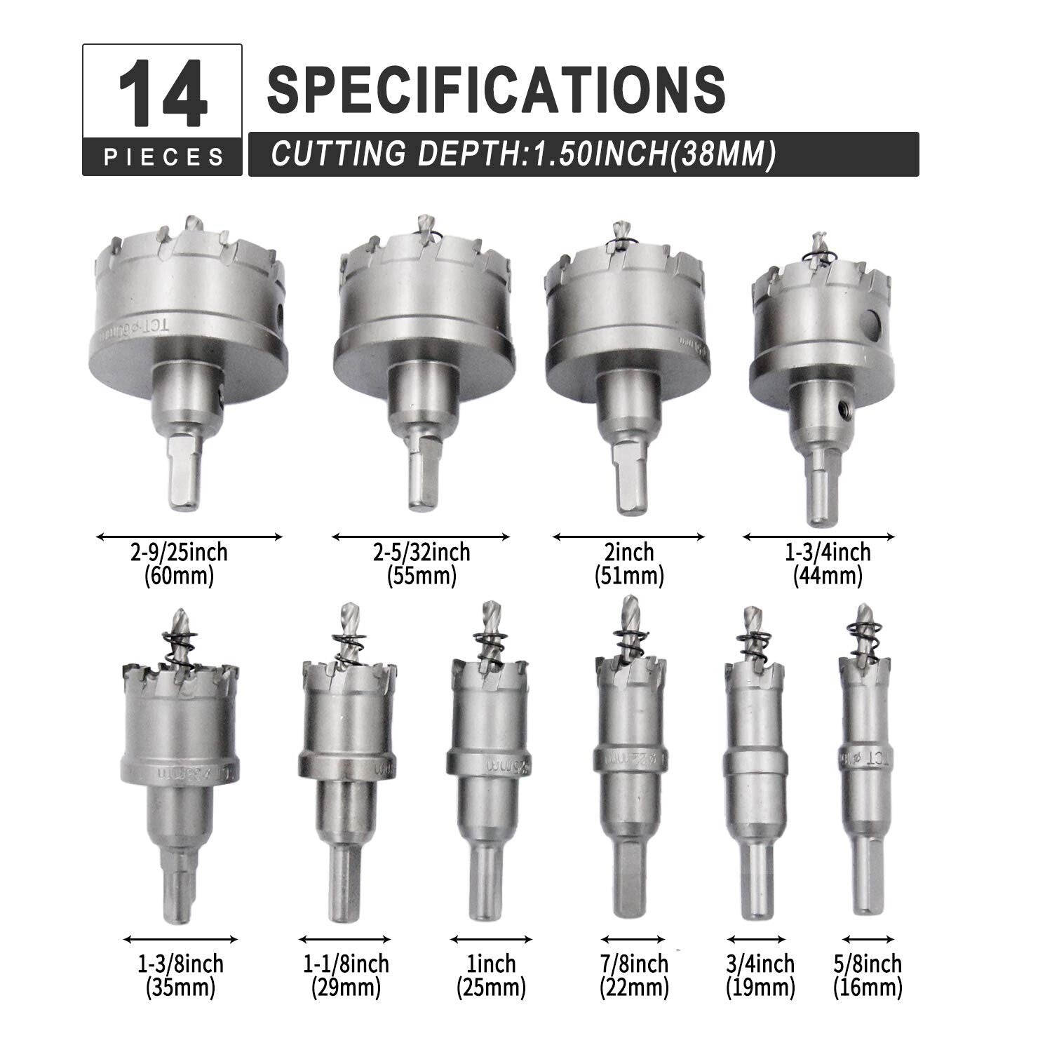 14-Piece TCT Hole Saw Kit - Tungsten Alloy Drill Bits for Metal Cutting