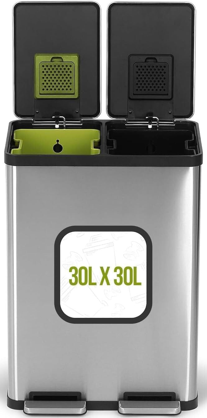60L Hands-Free Dual Compartment Stainless Steel Recycling Trash Can - Silver