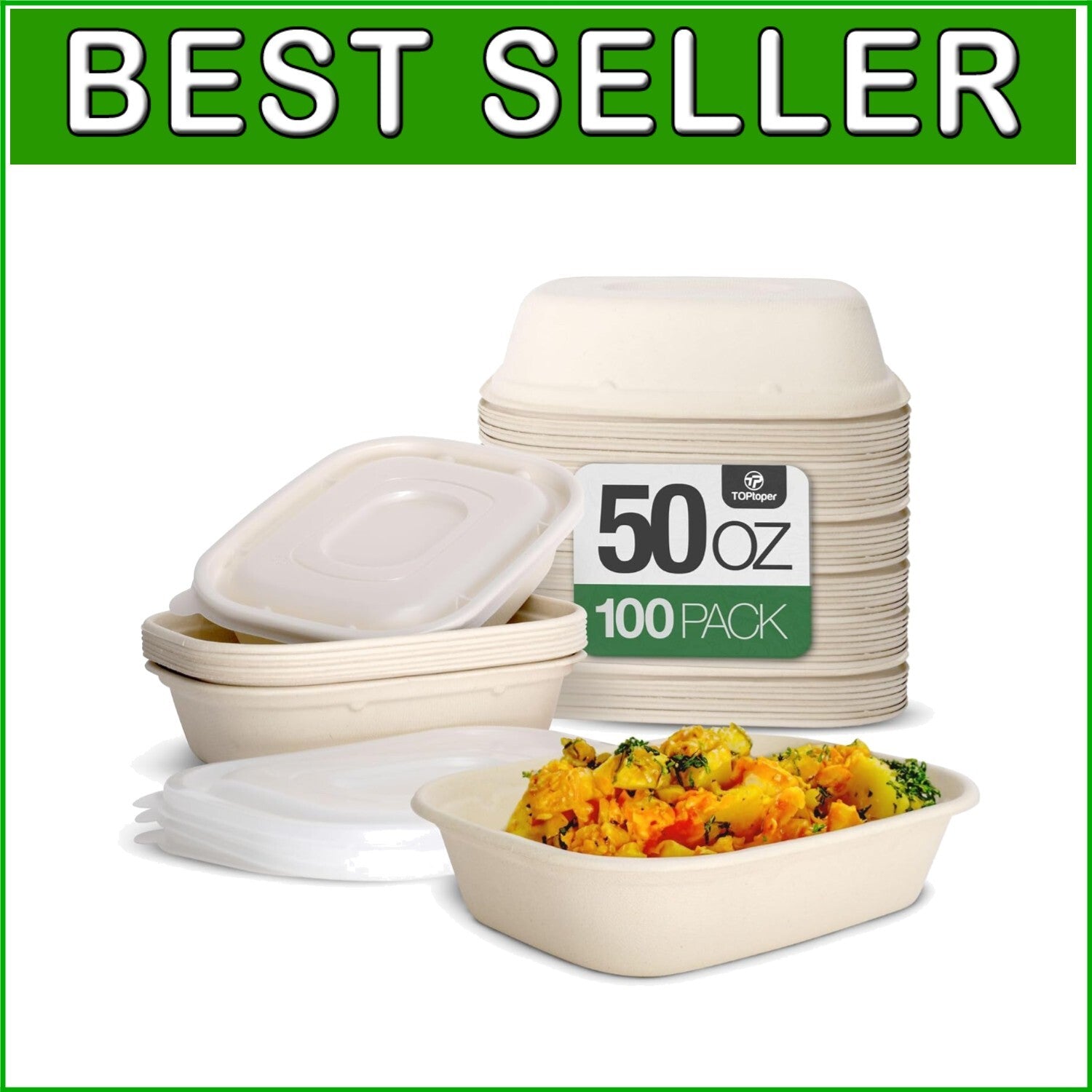 100 Pack 50 Oz Heavy Duty Compostable Paper Bowls - Leakproof and Microwave Safe
